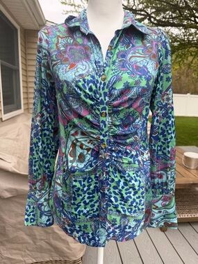 Free people Women's Ruched Front Button-Down Top in Aqua Paisley
